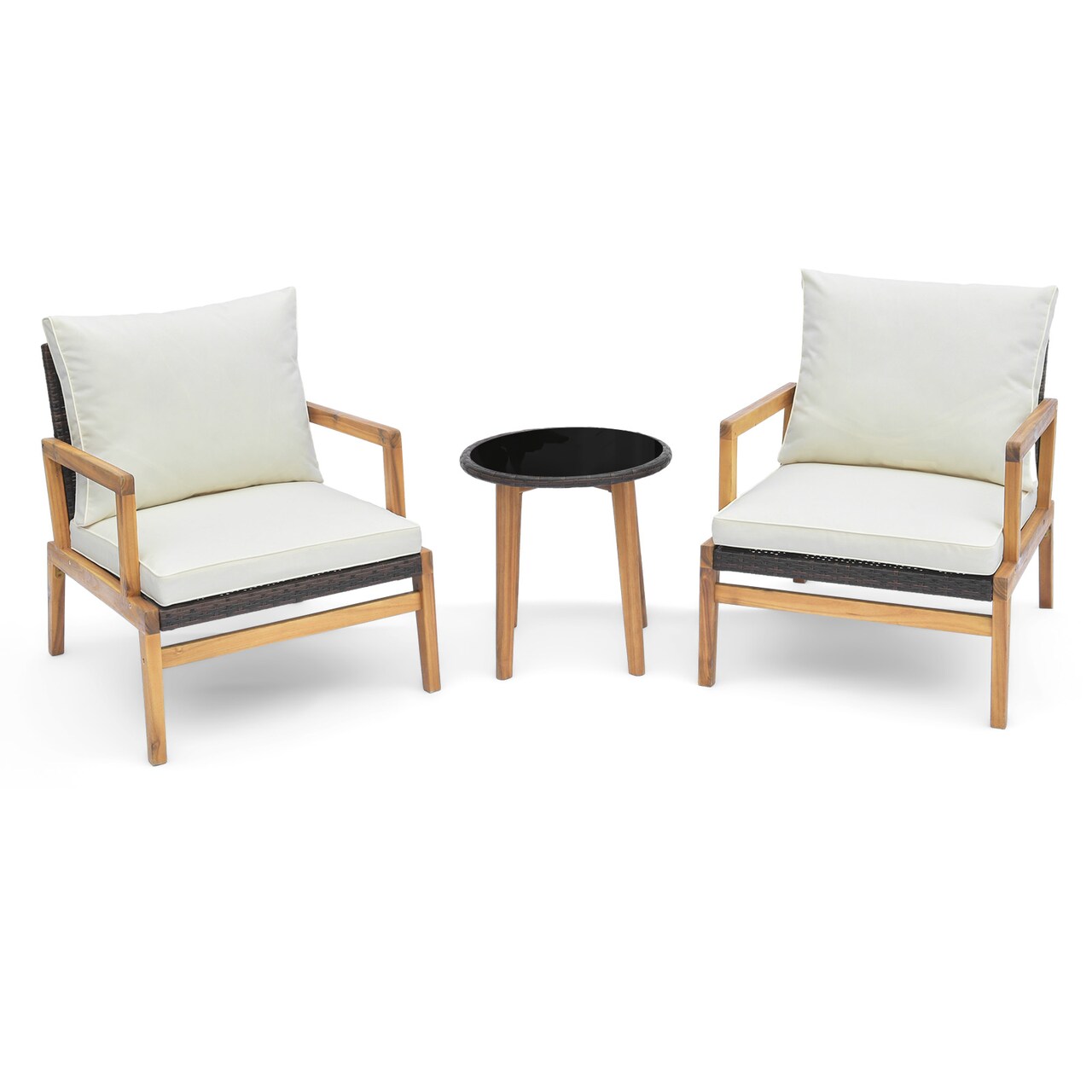 Patio Furniture Set - 3-Piece Acacia Wood Wicker Chairs with Glass Side Table